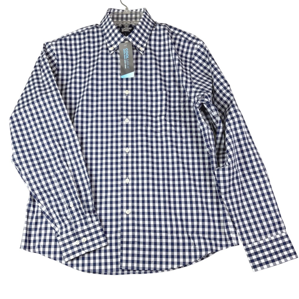 Lands End M Navy Gingham Button Down Shirt CoolMax Traditional Fit Stretch NWT